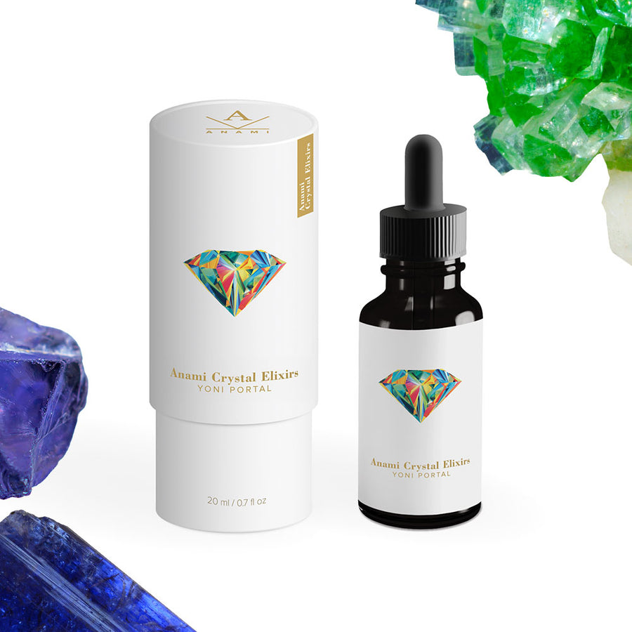 Anami Alchemia Yoni Portal Crystal Elixir bottle beside elegantly branded white box against a plain white background. 