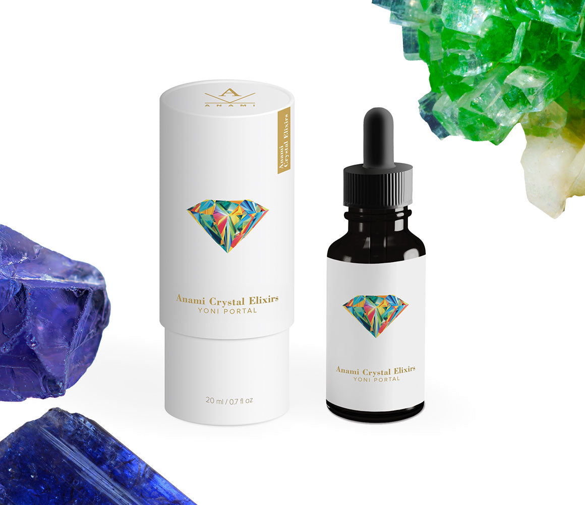 Anami Alchemia Crystal Elixir Yoni portal beside branded white packaging against a plain white background. 