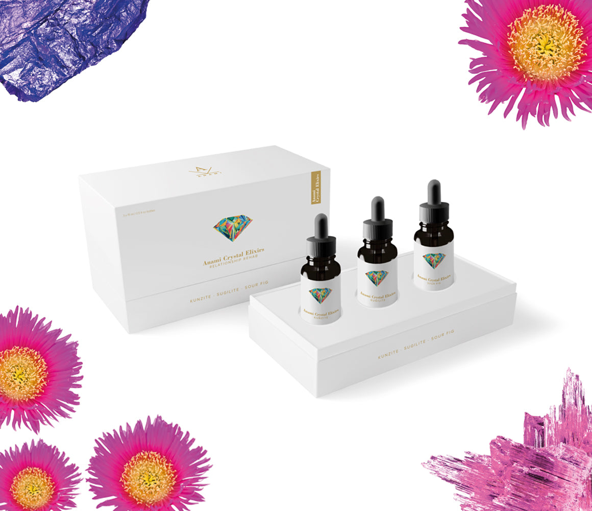 Collection trio of Anami Alchemia's Crystal Elixir, Relationship Rehab displayed in it's chic white packaging, against a plain white background. 